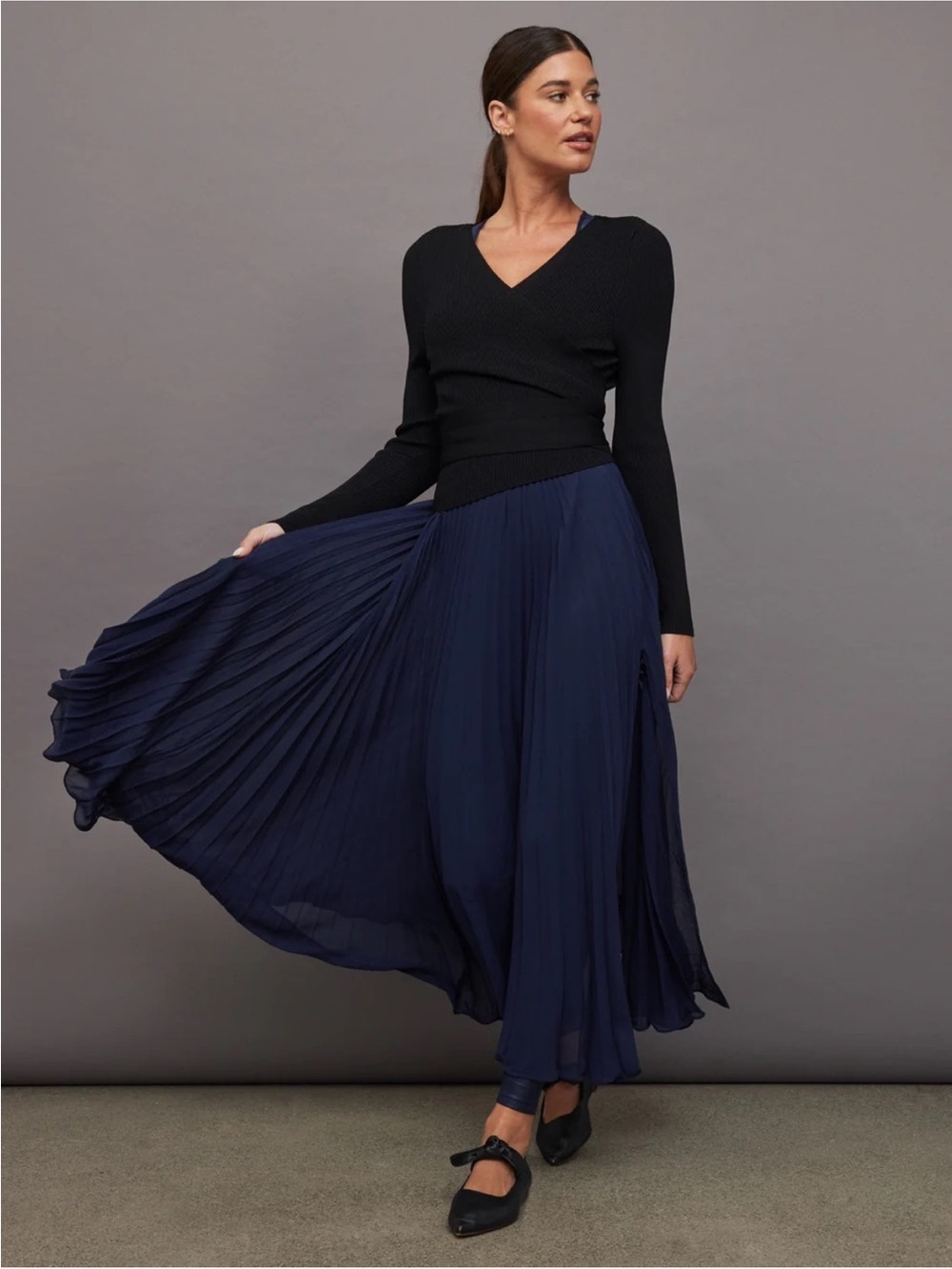 Carbon38 Navy Pleated Maxi Skirt